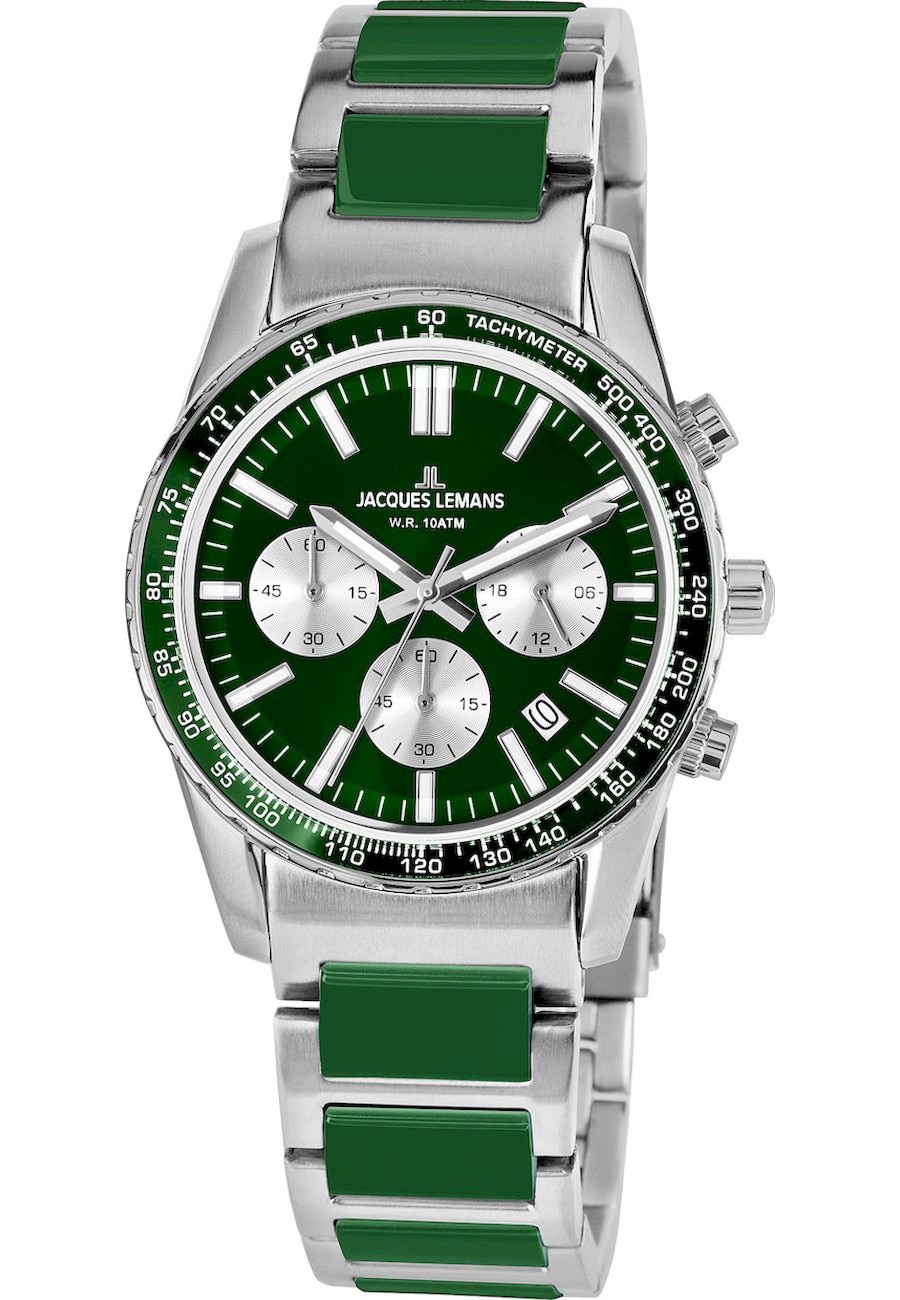 Ceas analogic unisex, Jacques-Lemans, 1-2059J, 39 mm, Verde/Argintiu