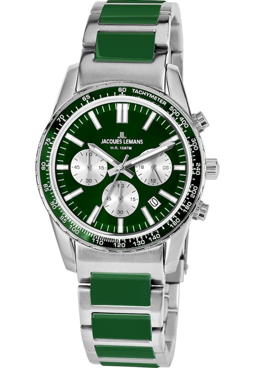 Ceas analogic unisex, Jacques-Lemans, 1-2059J, 39 mm, Verde/Argintiu