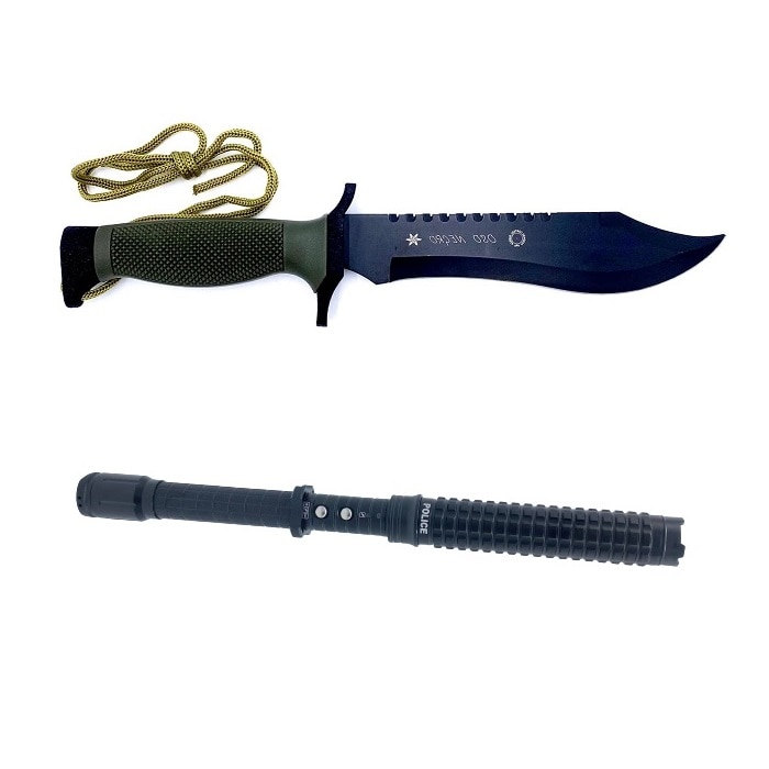 Set format din Cutit Supravietuire, Oso Negro, 30 cm, cu Teaca si Baston cu electrosoc pentru autoaparare, negru