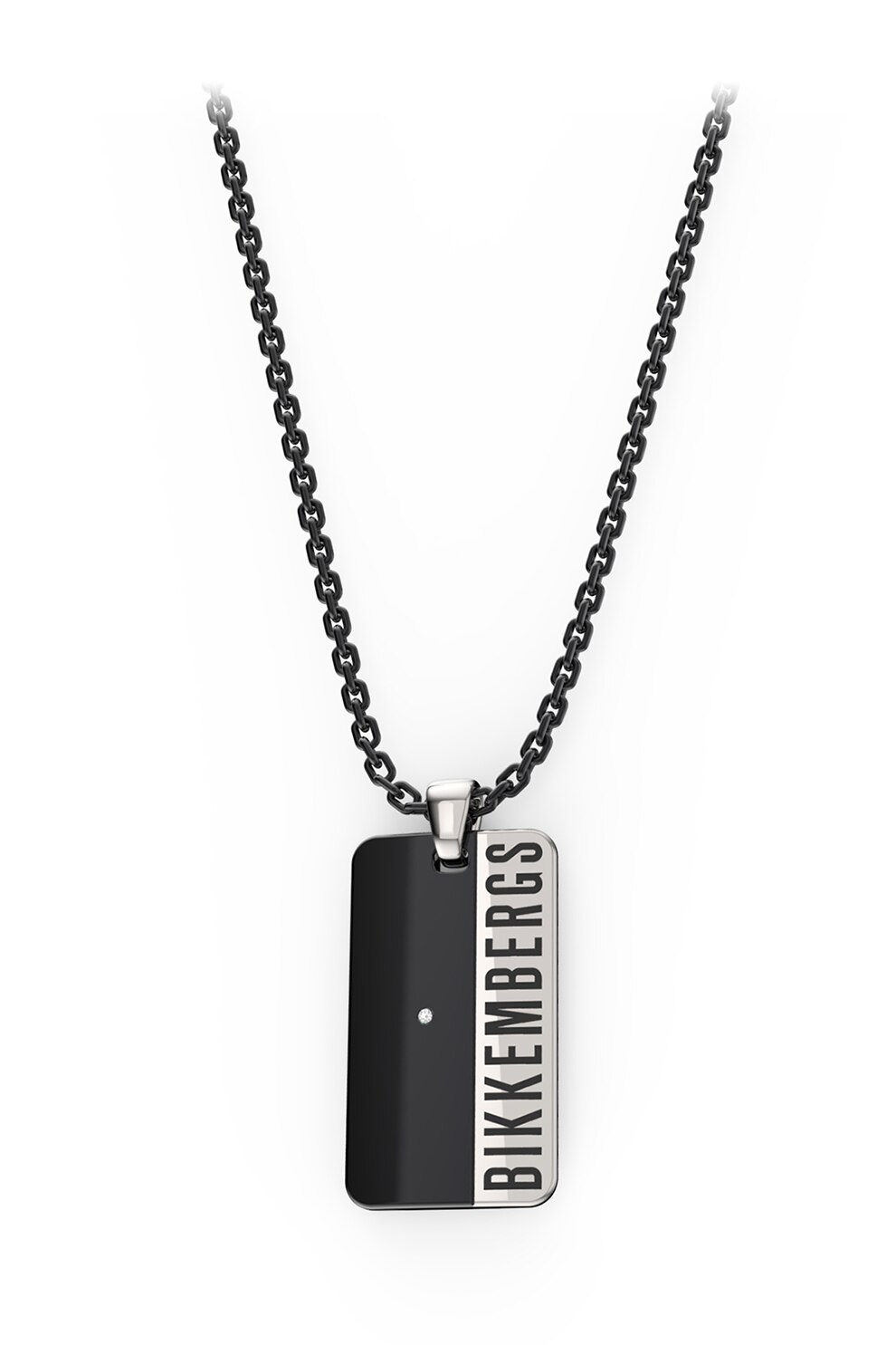 Bikkembergs, Colier de otel inoxidabil cu un diamant, Negru/Argintiu