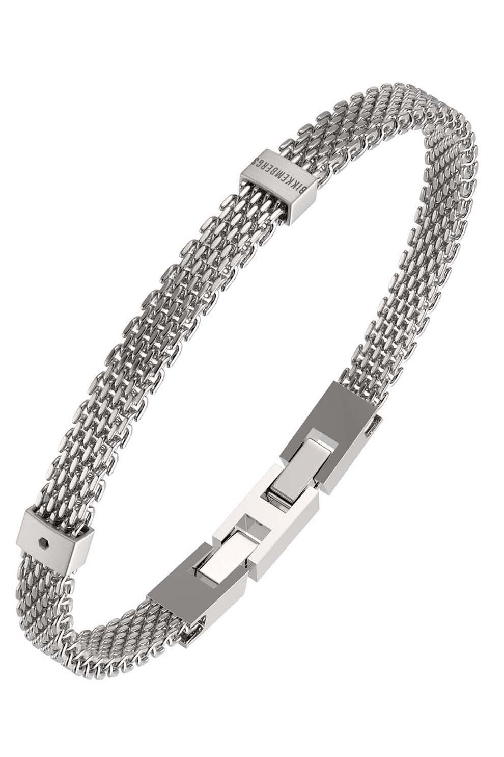Bikkembergs, Bratara din otel inoxidabil cu model plasa si un diamant, Argintiu