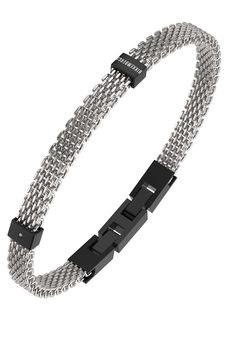 Bikkembergs, Bratara din otel inoxidabil cu model plasa si un diamant, Argintiu/Negru Bikkembergs, Bratara din otel inoxidabil cu model plasa si un diamant, Argintiu/Negru