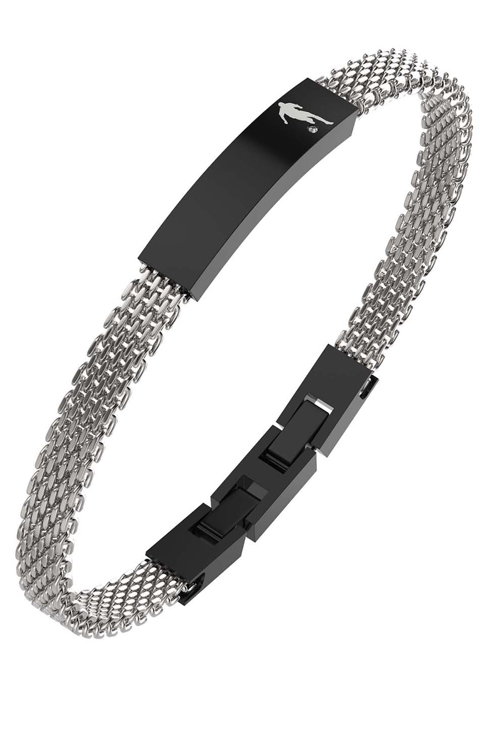 Bikkembergs, Bratara ajustabila cu model plasa si un diamant, Argintiu/Negru