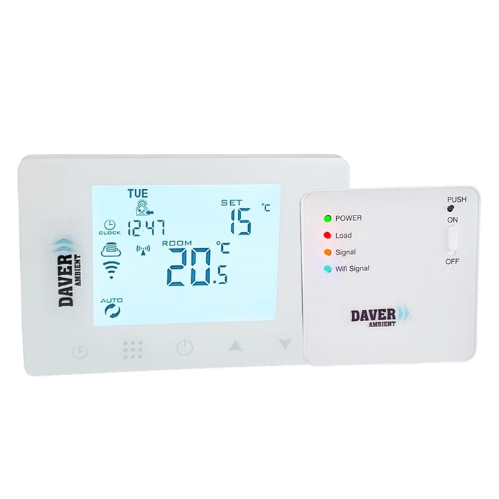 Termostat WIFI wireless cu receptor, pentru pompa de caldura sau centrala termica, regim incalzire si racire, control prin Smartl Life app, Daver