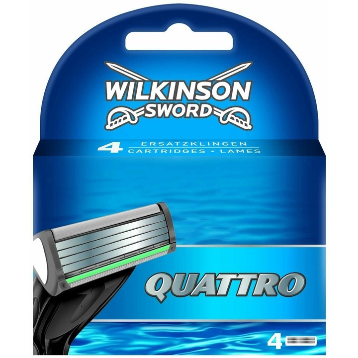 Комплект от 4 резервни части, Wilkinson Sword, Quattro Titanium, 4 титанови остриета, Алое вера