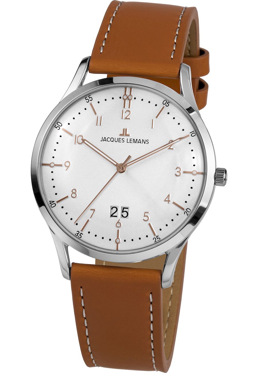 Ceas analogic barbatesc, Jacques-Lemans, 1-2066D, 41 mm, Maro/Argintiu