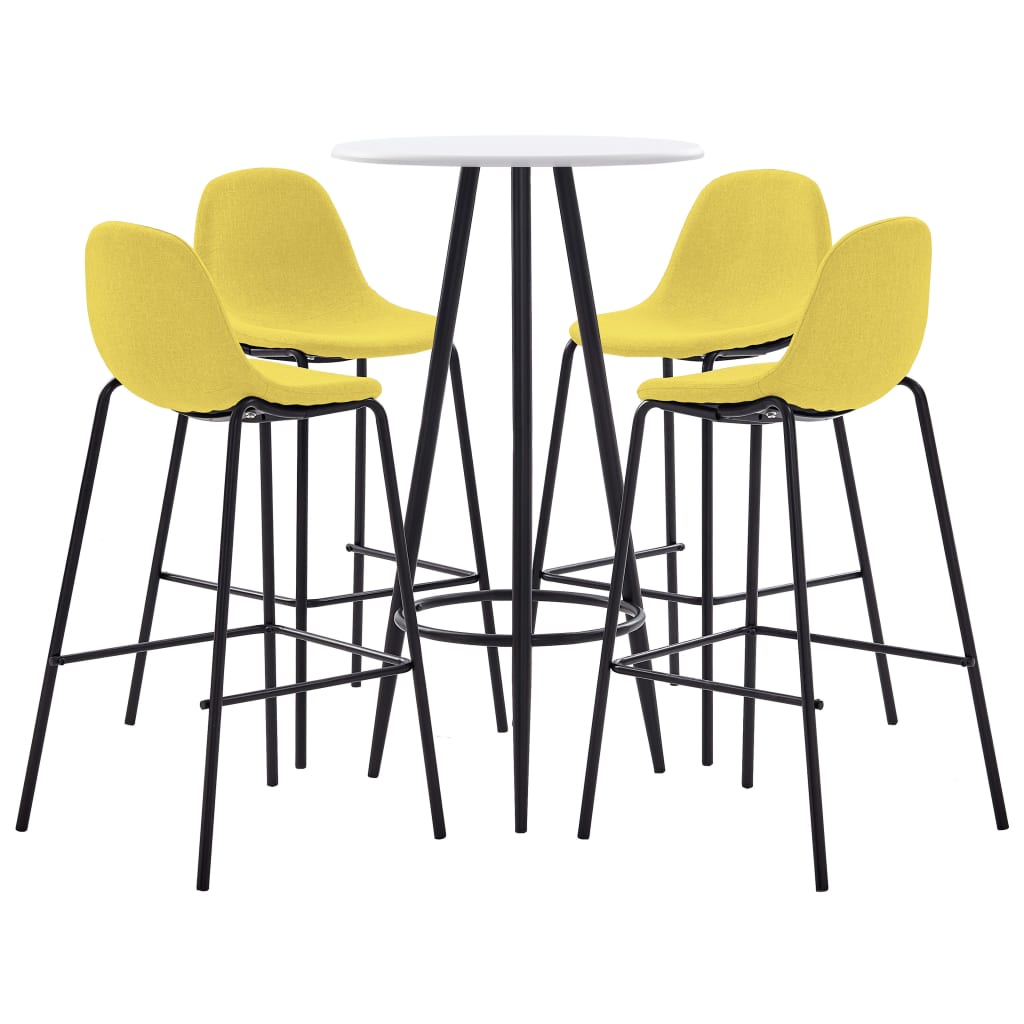 Set 5 piese mobilier de bar, masa cu 4 scaune, vidaXL, Textil/MDF/Otel, 60 x 107,5 cm, Galben/Alb