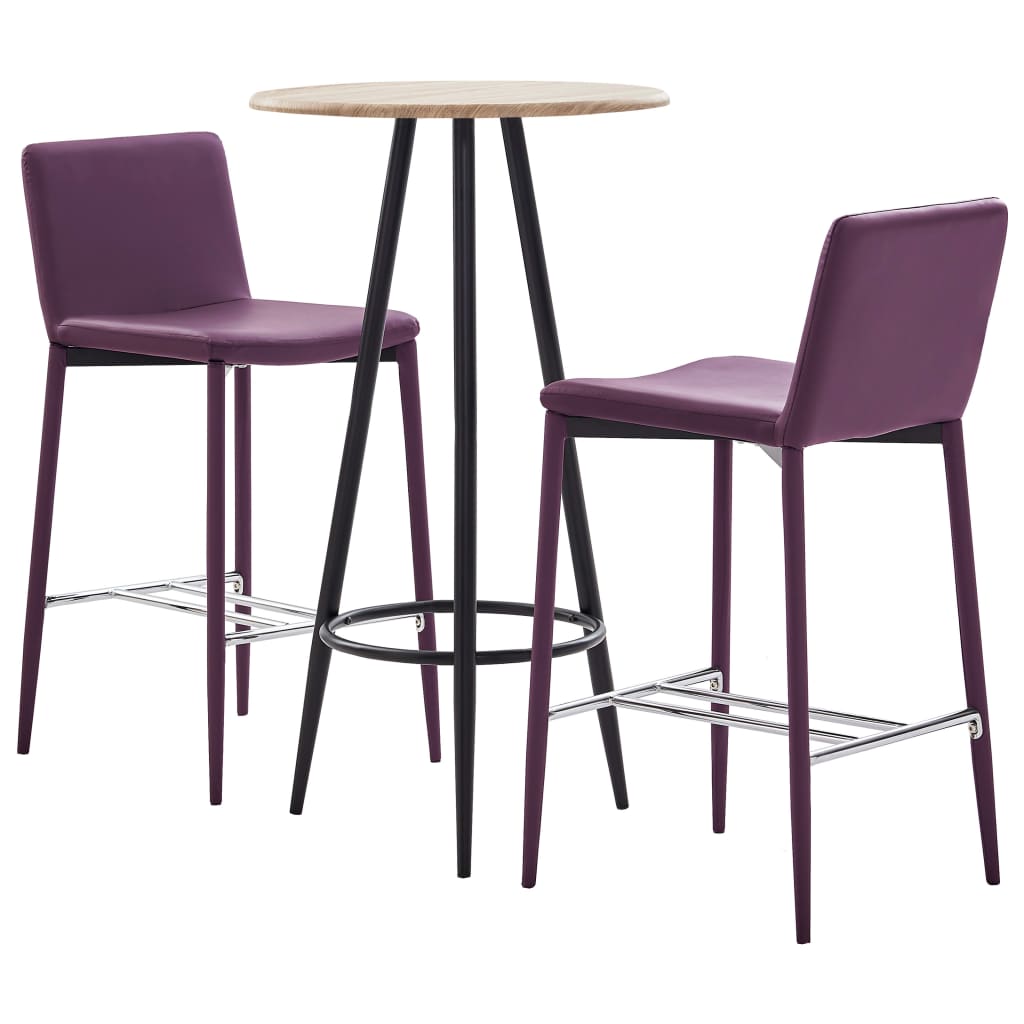Set 3 piese mobilier de bar, masa cu 2 scaune, vidaXL, Piele ecologica/MDF/Otel, 60 x 107,5 cm, Mov/Maro