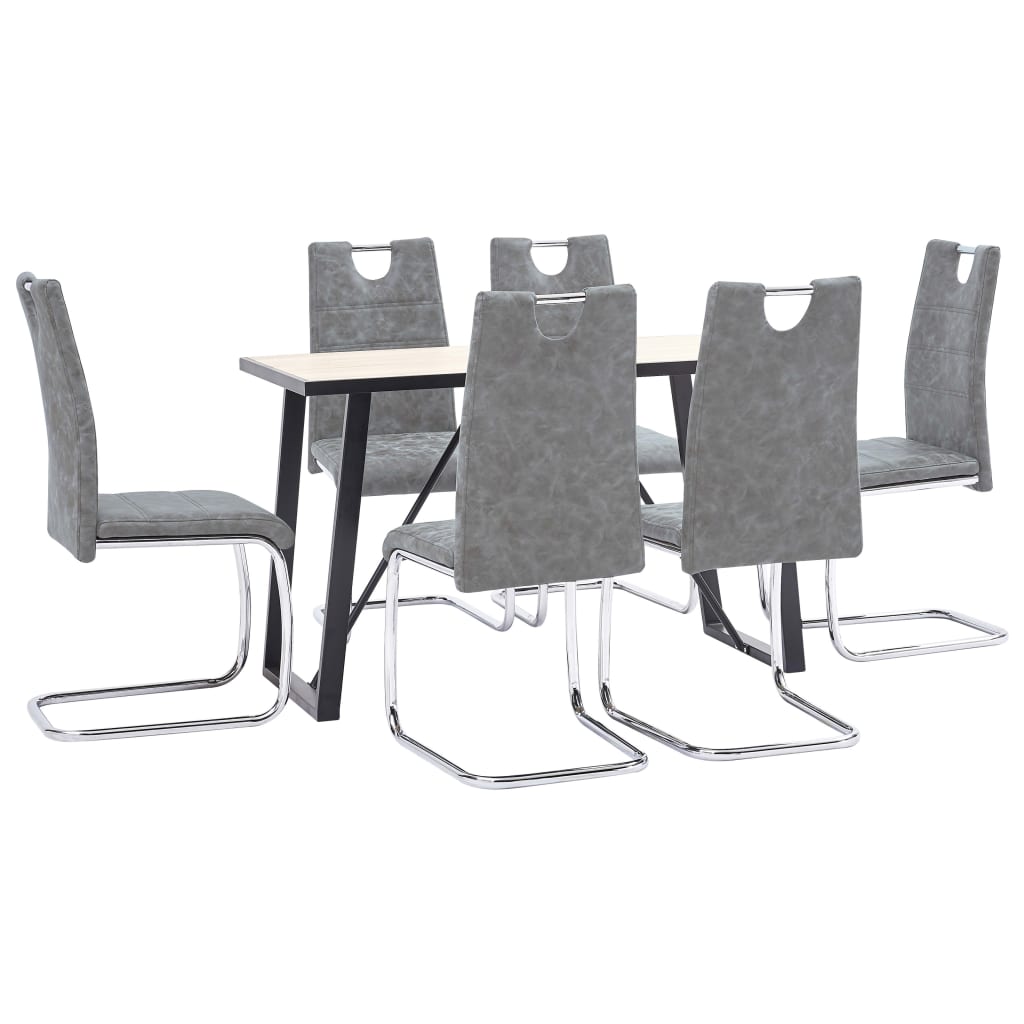 Set 7 piese masa cu 6 scaune consola de bucatarie, vidaXL, Lemn stejar/Piele artificiala/Otel, 120 x 60 x 75 cm, Gri inchis