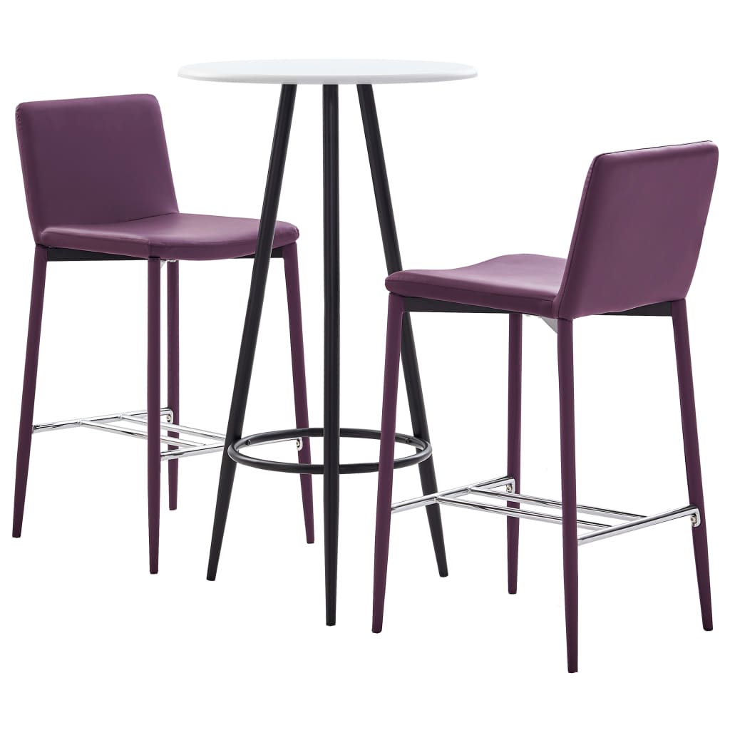 Set 3 piese mobilier de bar, masa cu 3 scaune, vidaXL, Piele ecologica/MDF/Otel, 60 x 107,5 cm, Mov/Alb