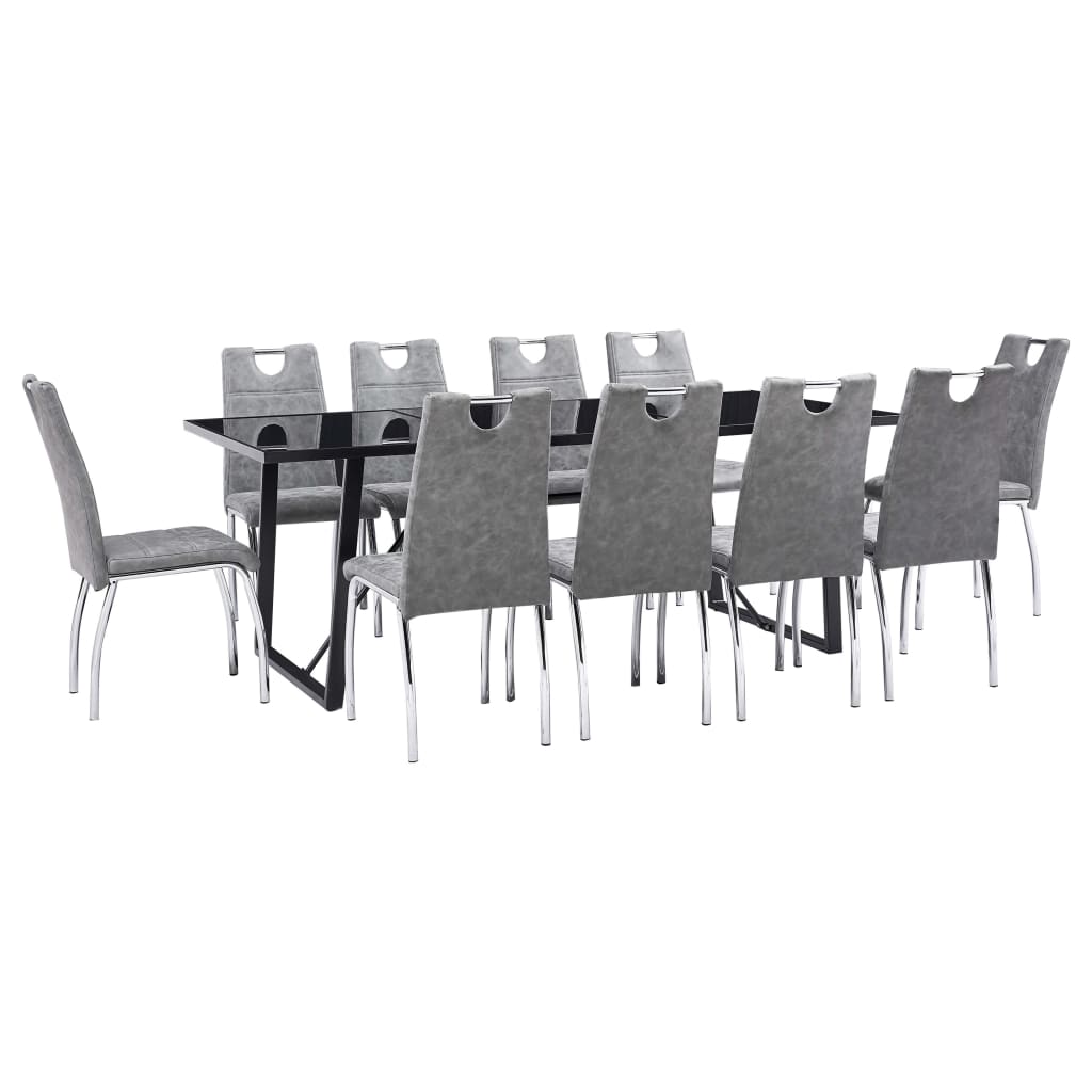 Set 11 piese masa cu 10 scaune de bucatarie, vidaXL, Sticla securizata/Piele artificiala/Otel, 200 x 100 x 75 cm, Gri inchis