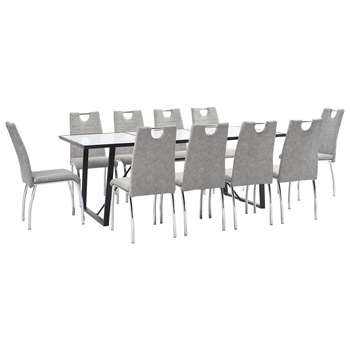 Set 11 piese masa cu 10 scaune de bucatarie, vidaXL, Sticla securizata/Piele artificiala/Otel, 200 x 100 x 75 cm, Gri deschis/Alb model marmura Set 11 piese masa cu 10 scaune de bucatarie, vidaXL, Sticla securizata/Piele artificiala/Otel, 200 x 100 x 75 cm, Gri deschis/Alb model marmura