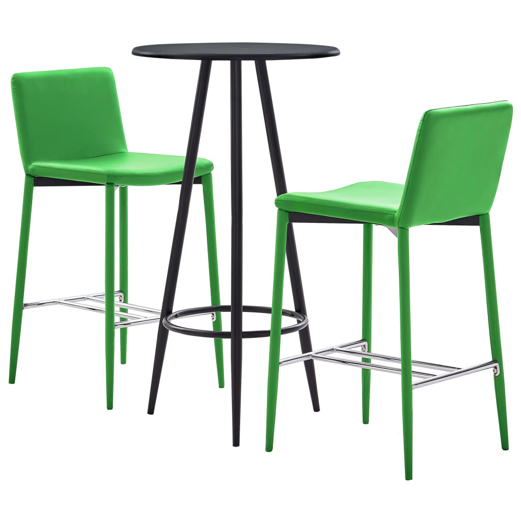 Set 3 piese mobilier de bar, masa cu 3 scaune, vidaXL, Piele ecologica/MDF/Otel, 60 x 107,5 cm, Verde/Negru