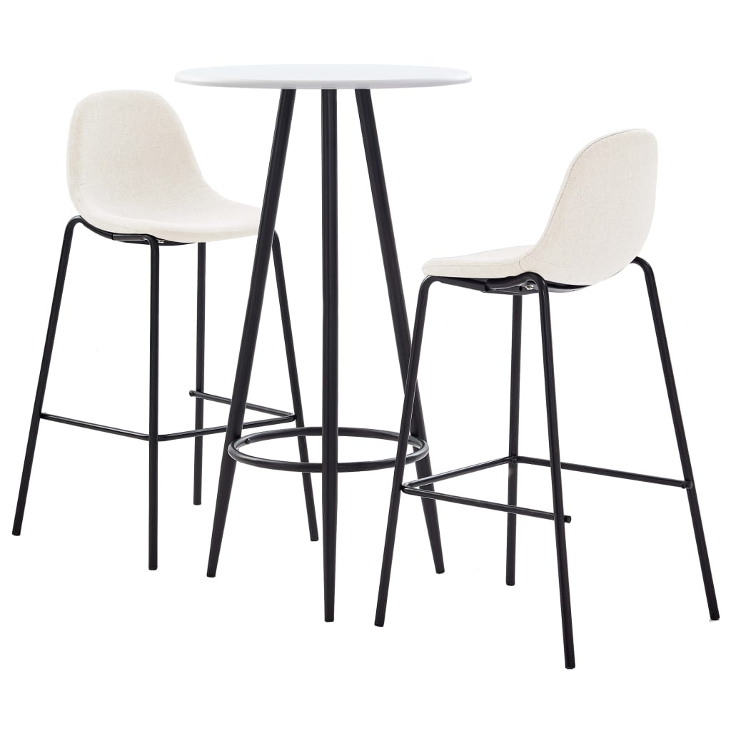 Set 3 piese mobilier de bar, masa cu 2 scaune, vidaXL, Textil/MDF/Otel, 60 x 107,5 cm, Crem/Alb