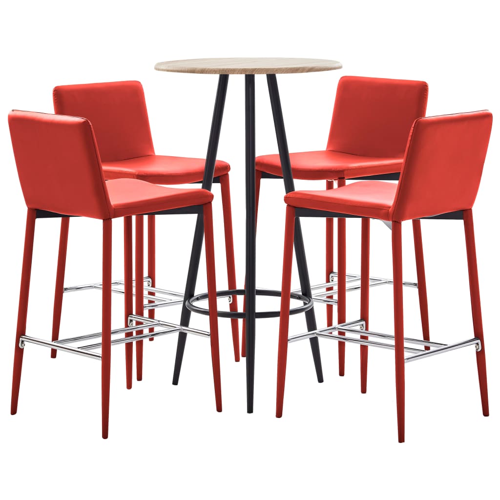 Set 5 piese mobilier de bar, masa cu 4 scaune, vidaXL, Piele ecologica/MDF/Otel, 60 x 107,5 cm, Rosu/Maro