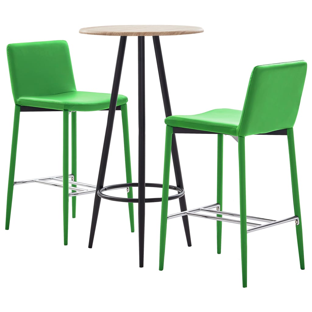 Set 3 piese mobilier de bar, masa cu 2 scaune, vidaXL, Piele ecologica/MDF/Otel, 60 x 107,5 cm, Verde/Maro