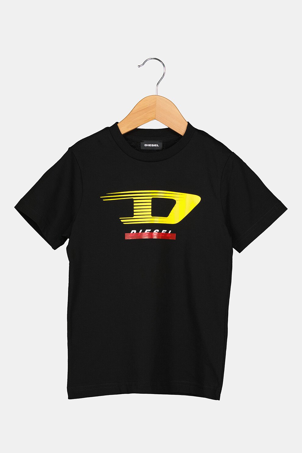 Diesel, Tricou cu decolteu la baza gatului si imprimeu logo, Negru/Galben, 144 CM