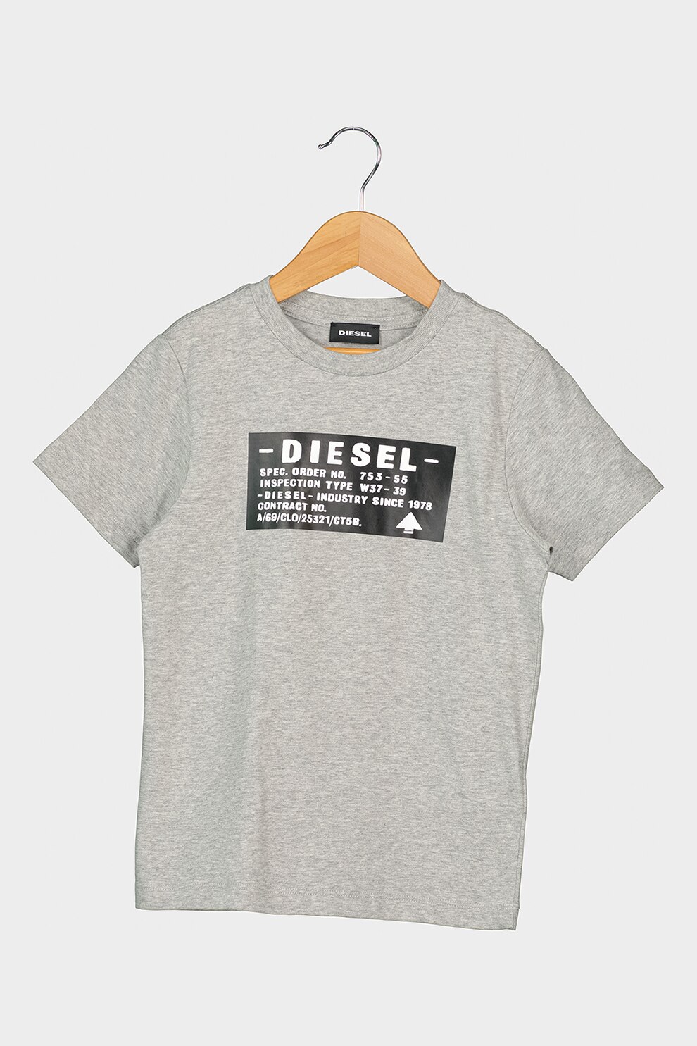 Diesel, Tricou cu decolteu la baza gatului si imprimeu logo, Gri melange/Negru/Alb optic, 132 CM