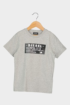 Diesel, Tricou cu decolteu la baza gatului si imprimeu logo, Gri melange/Negru/Alb optic, 132 CM Diesel, Tricou cu decolteu la baza gatului si imprimeu logo, Gri melange/Negru/Alb optic, 132 CM