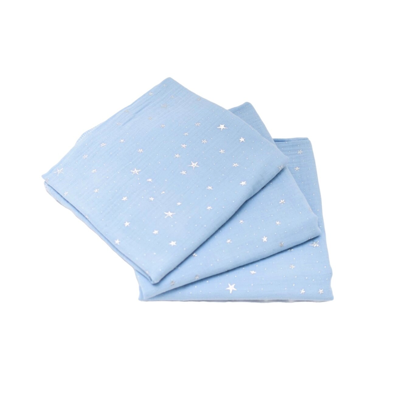 Set 3 museline bumbac organic bleu cu stelute 75x75 cm