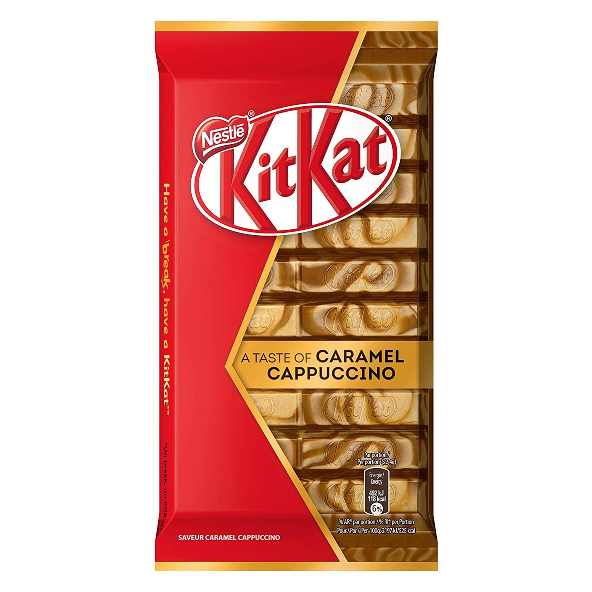KitKat Caramel Cappuccino - napolitana crocanta invelita in ciocolata cu lapte, ciocolata alba si aroma de cappuccino caramel, 112g