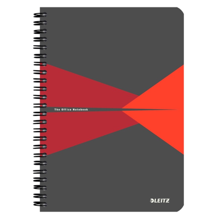 Leitz Office Spirálfüzet, A5, kockás, 90 lap, PP borító, Szürke/Piros