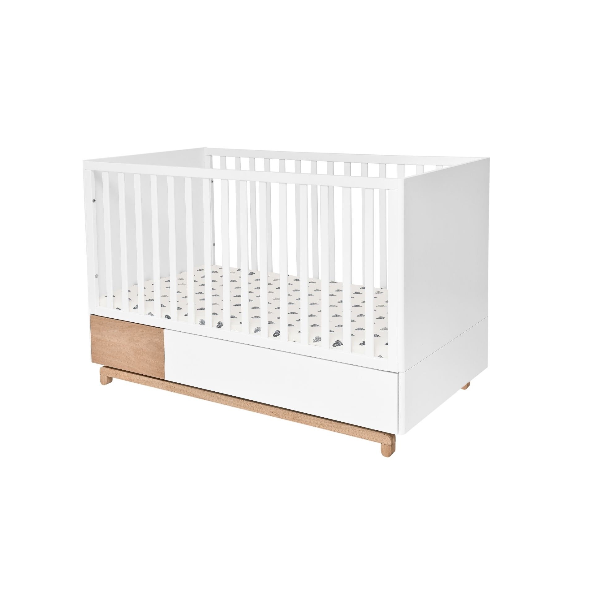 Patut bebe Nomi, Bellamy, cu sertar, lemn/MDF, transformabil, alb, 144 x 75 x 96 cm