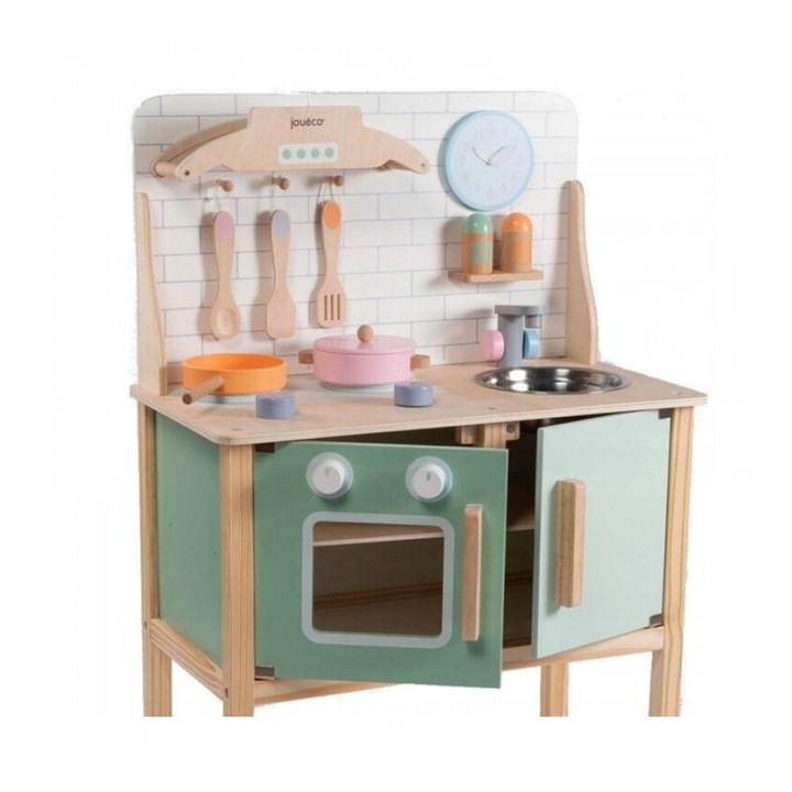 Bucatarie, Joueco, din lemn certificat FSC, Cu accesorii, Reglabila pe inaltime, 86x56 cm, 3 ani+, Multicolor