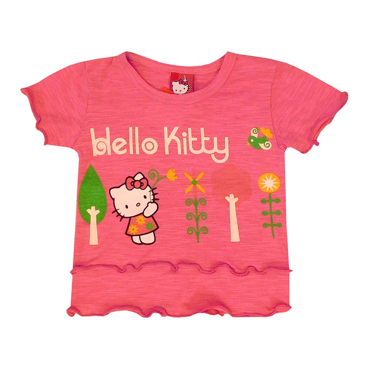 Hello Kitty mintás rövid ujjú nyári pamut póló, kislány felső - Fodros erdő (Rózsaszín, 74 (9 hó))