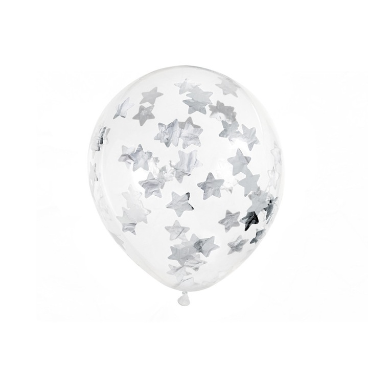 Set 6 baloane latex cu confeti stele argintii, Deco, Transparent, 30cm
