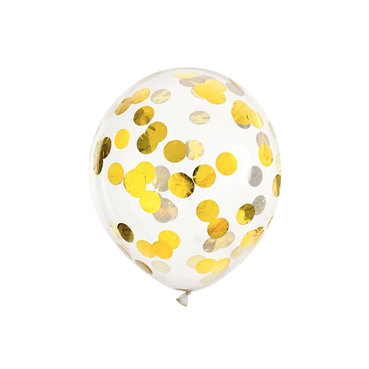 Set 6 baloane latex cu confeti cercuri aurii, Deco, Transparent, 30cm