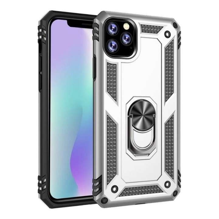 Husa ARMOR antisoc model HYBRID cu inel si placuta metalica, compatibila cu iPhone 12 / 12 Pro / Argintiu