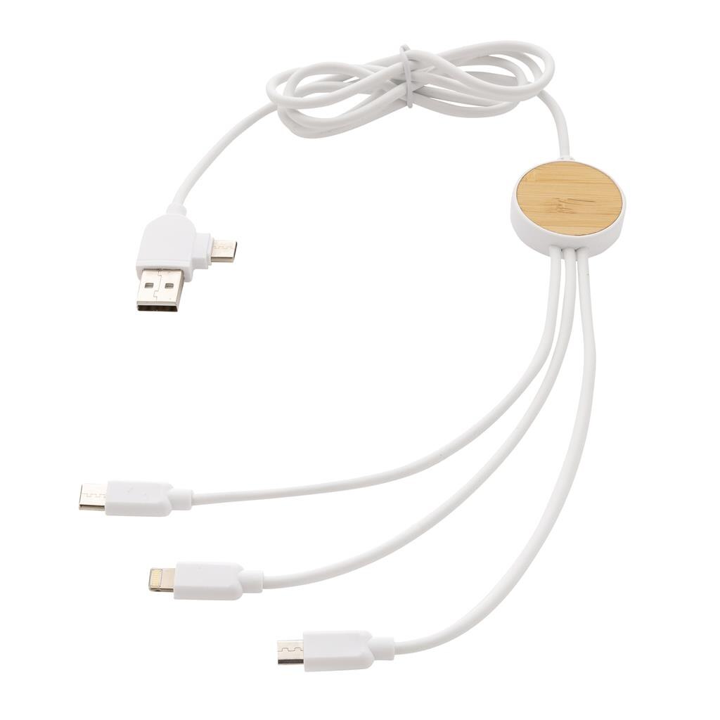 Cablu 6in1, Bambus, 1.2 m, USB A, Tip C, IOS, microUSB, Alb cu Maro