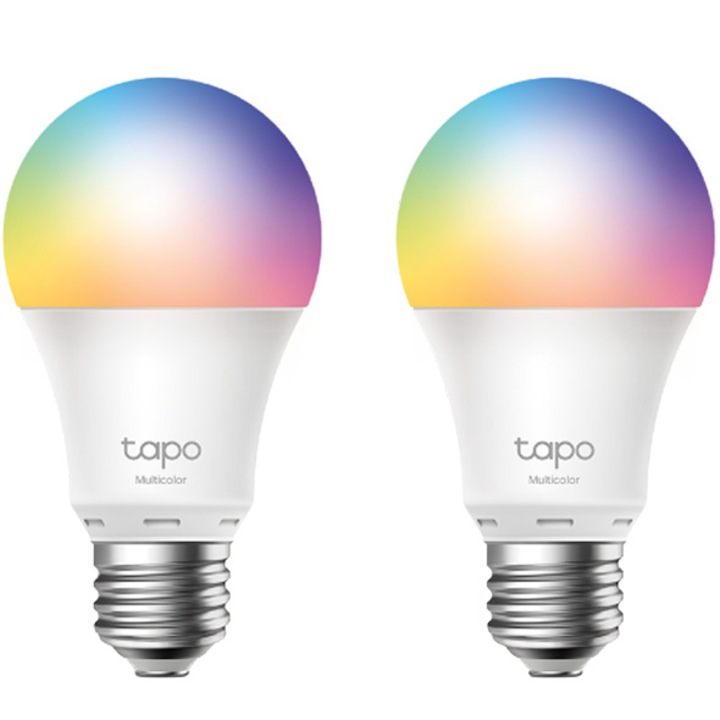 Комплект 2 интелигентни LED RGB крушки TP-Link Tapo L530E, Wi-Fi, E27, 8.7W (60W), 806 лумена, Цветна светлина, Гласово управление, Съвместимост Amazon Alexa и Google Assistant