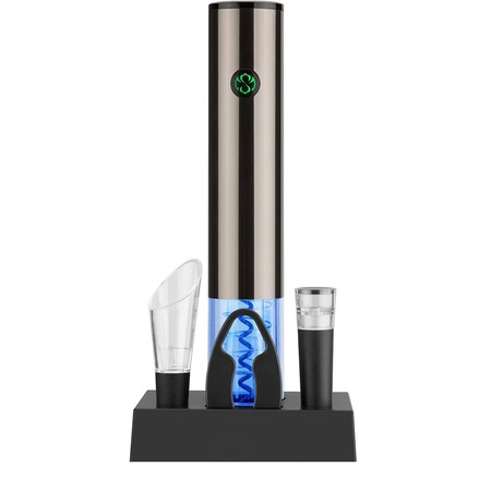 Tirbuson Electric pentru Vin, cu Baza Reincarcabila, Accesoriu Taiat Folie, Aerator, Dop Pompa Vid, 4 Acumulatori, Notificare Baterie, One-Touch, Automat, Inox