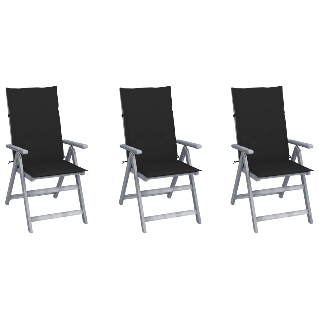 Set de 3 scaune Rabatabile/Pliabile de gradina, cu perne, vidaXL, Lemn de acacia, 56 x 70 x 110 cm, 4 cm, Gri/Negru