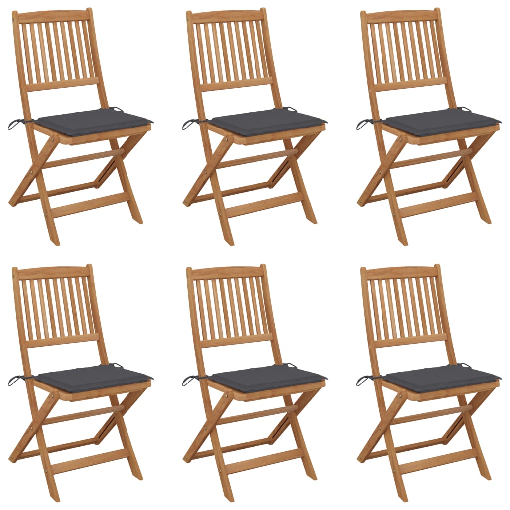 Set de 6 scaune pliabile de gradina, cu perne, vidaXL, Lemn de acacia, 48,5 x 57 x 91 cm, Maro/Antracit