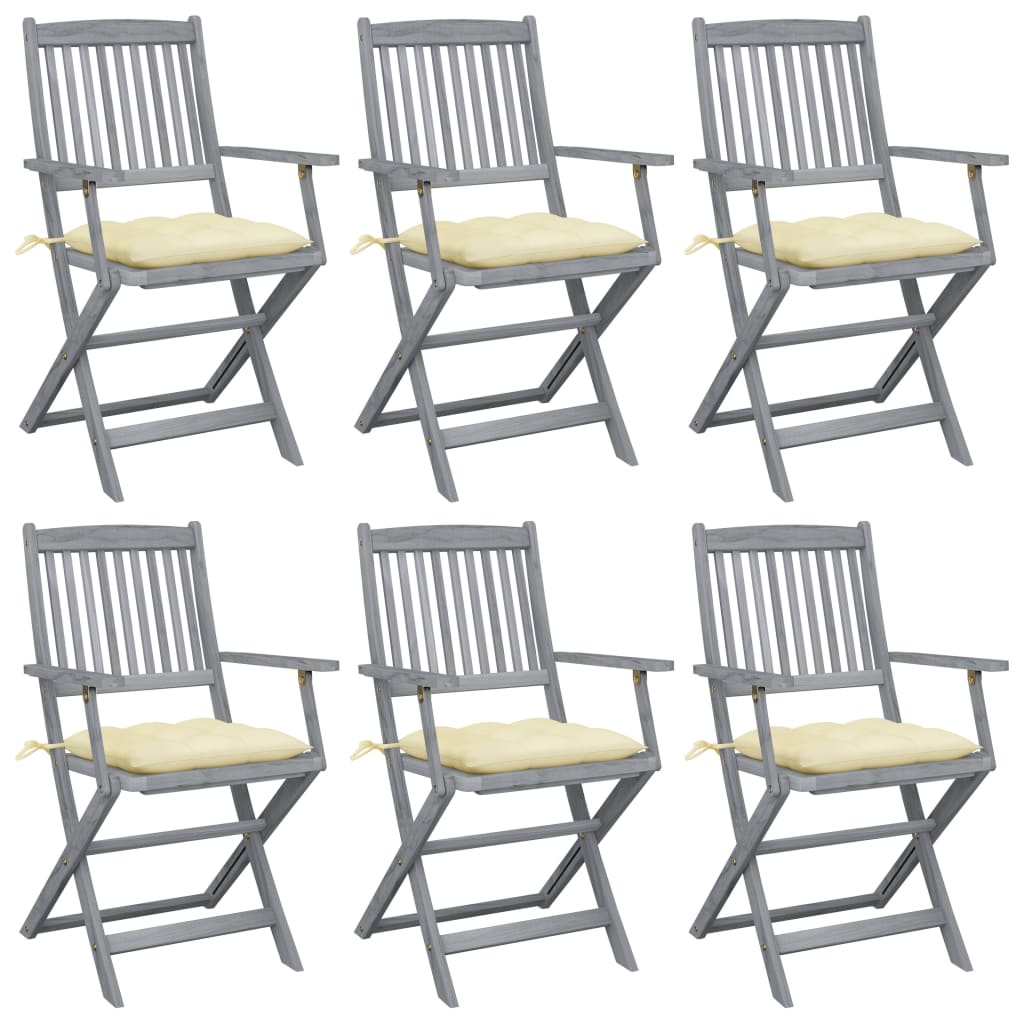 Set de 6 scaune pliabile de gradina, cu perne 7 cm, vidaXL, Lemn de acacia, 54 x 57 x 91 cm, Gri/Crem