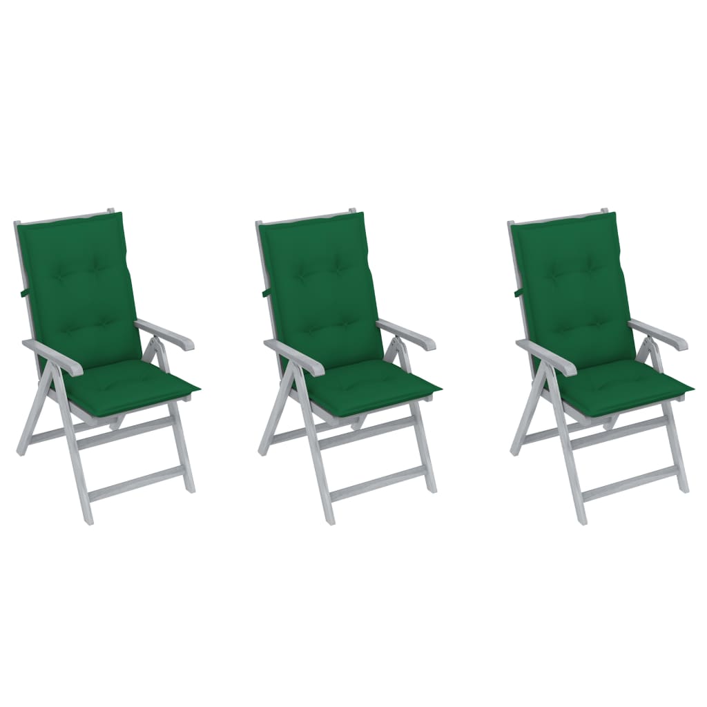 Set de 3 scaune Rabatabile/Pliabile de gradina, cu perne, vidaXL, Lemn de acacia, 56 x 70 x 110 cm, Gri/Verde