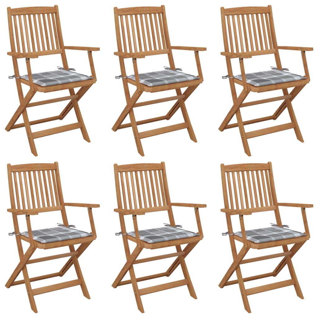 Set de 6 scaune pliabile de gradina cu perne subtiri cu model carouri gri vidaXL, Lemn, 54 x 57 x 91 cm, Maro/Gri