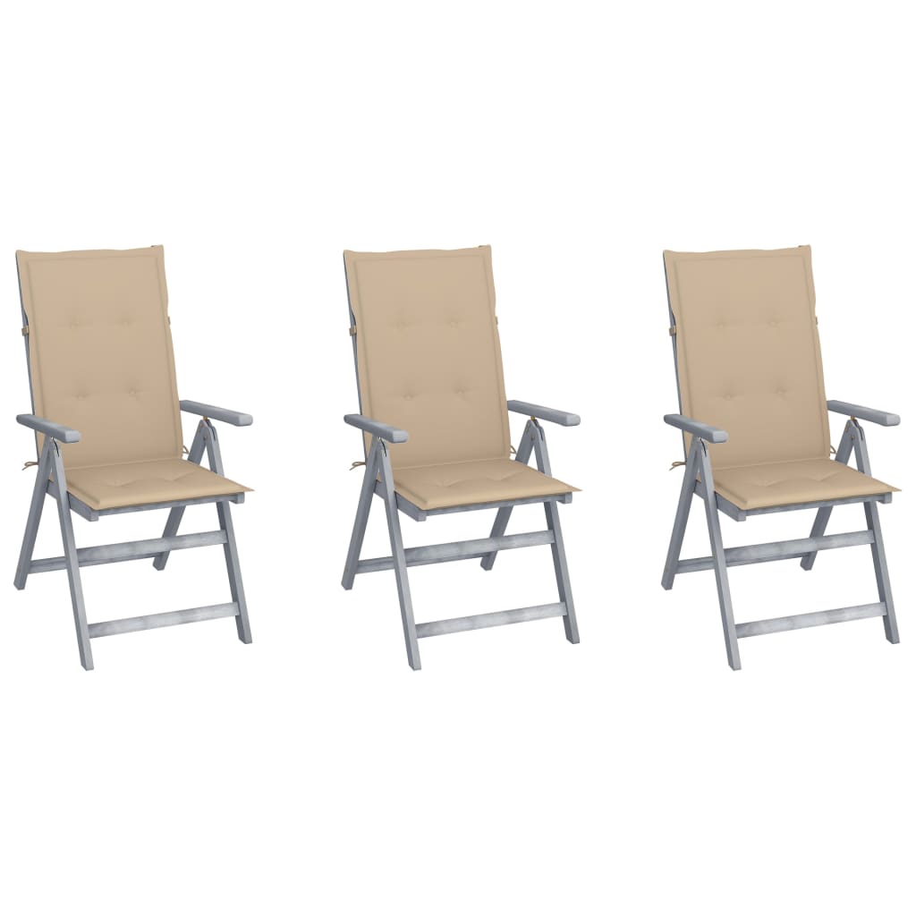 Set de 3 scaune Rabatabile/Pliabile de gradina, cu perne, vidaXL, Lemn de acacia, 56 x 70 x 110 cm, 4 cm, Gri/Bej