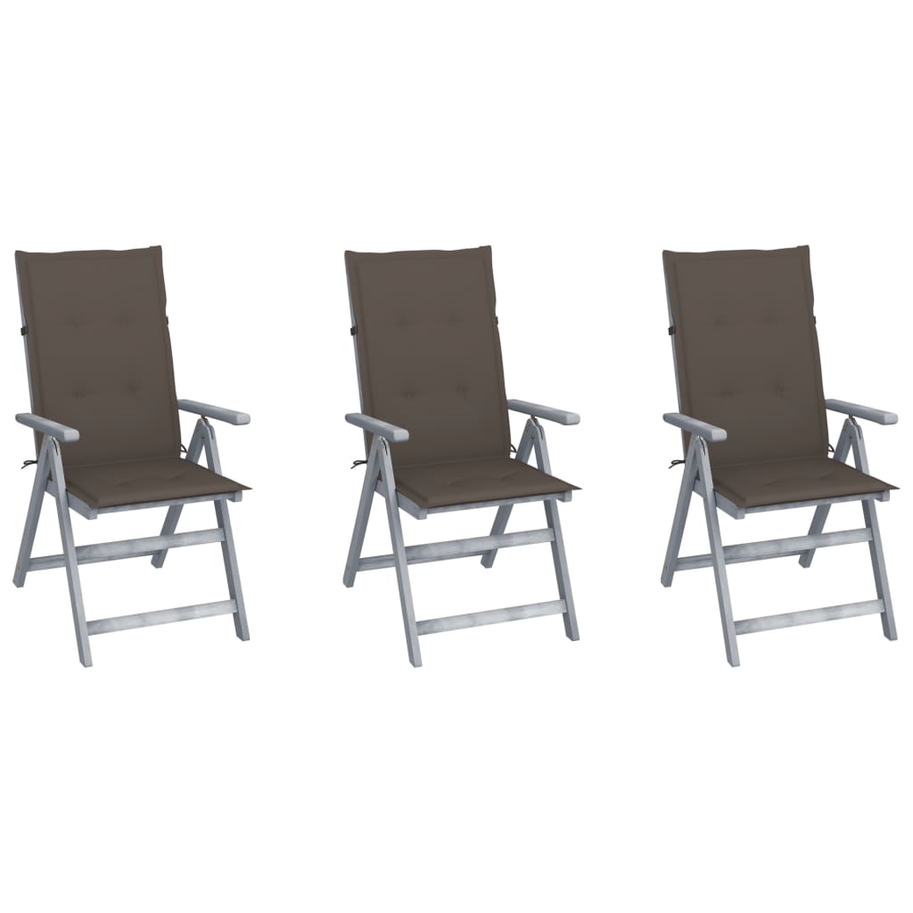 Set de 3 scaune Rabatabile/Pliabile de gradina, cu perne, vidaXL, Lemn de acacia, 56 x 70 x 110 cm, 4 cm, Gri/Taupe