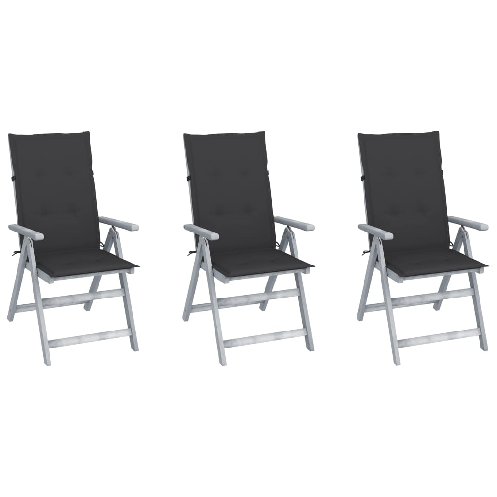 Set de 3 scaune Rabatabile/Pliabile de gradina, cu perne, vidaXL, Lemn de acacia, 56 x 70 x 110 cm, 4 cm, Gri antracit