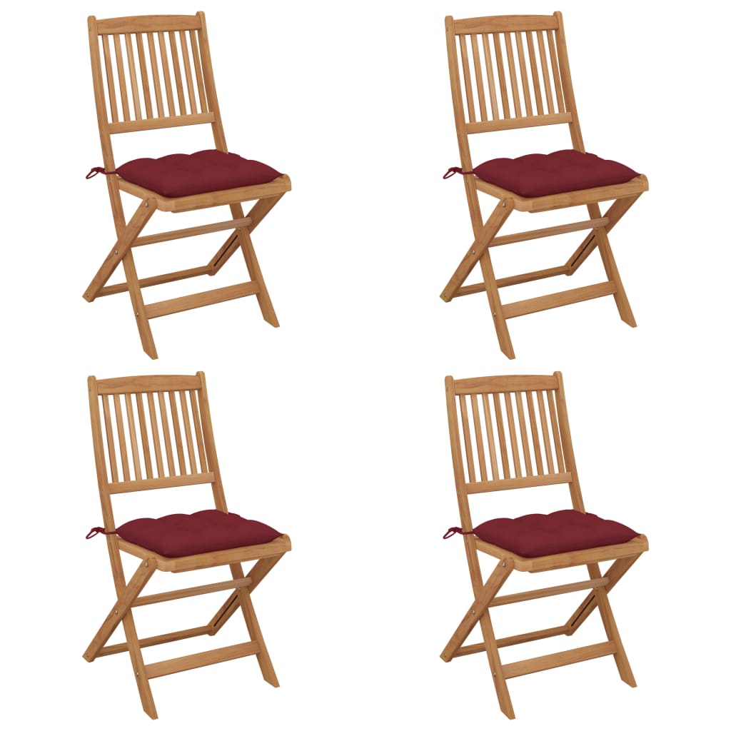 Set de 4 scaune pliabile de gradina, cu perne de sezut, vidaXL, Lemn de acacia, 48,5 x 57 x 91 cm, 7 cm, Maro/Grena
