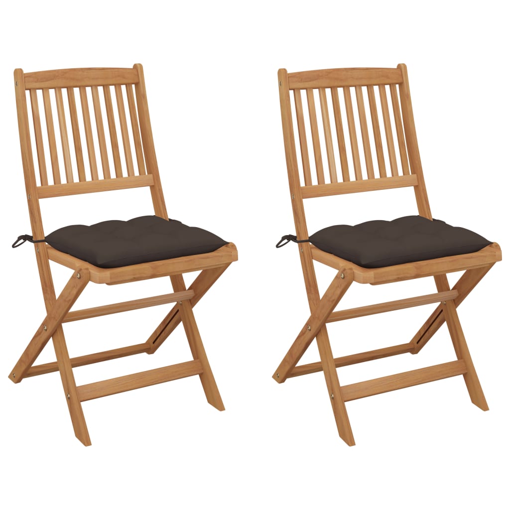 Set de 2 scaune pliabile de gradina, cu perne de sezut, vidaXL, Lemn de acacia, 48,5 x 57 x 91 cm, 7 cm, Maro/Gri taupe