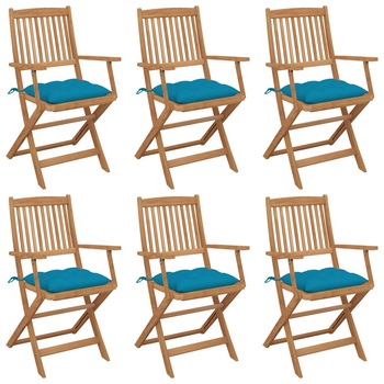 Set de 6 scaune pliabile de gradina cu perna colorata din lemn masiv de acacia vidaXL, Lemn, 54 x 57 x 91 cm, Maro/Albastru deschis