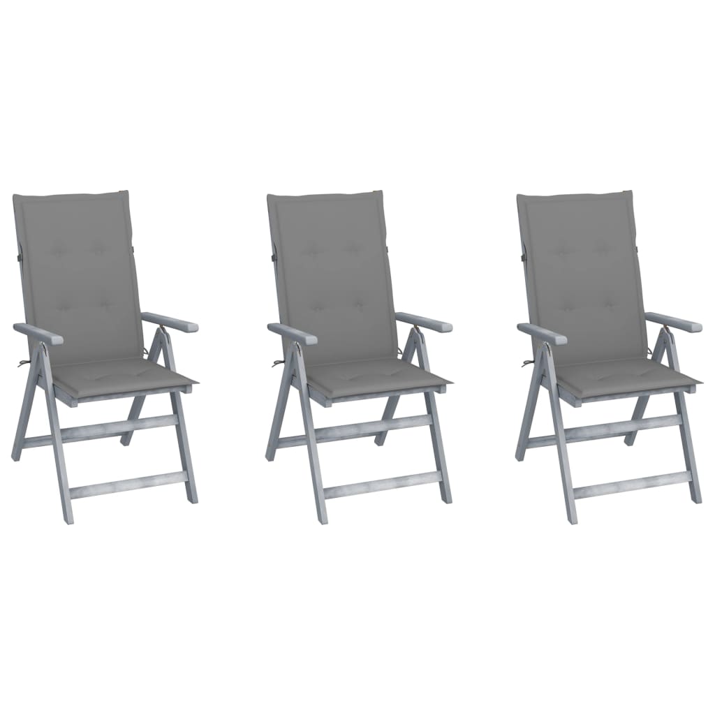 Set de 3 scaune Rabatabile/Pliabile de gradina, cu perne, vidaXL, Lemn de acacia, 56 x 70 x 110 cm, 4 cm, Gri