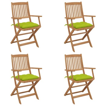 Set de 4 scaune pliabile de gradina, cu perne de sezut, cu brate, vidaXL, Lemn de acacia, 54 x 57 x 91 cm, 7 cm, Maro/Verde aprins Set de 4 scaune pliabile de gradina, cu perne de sezut, cu brate, vidaXL, Lemn de acacia, 54 x 57 x 91 cm, 7 cm, Maro/Verde aprins