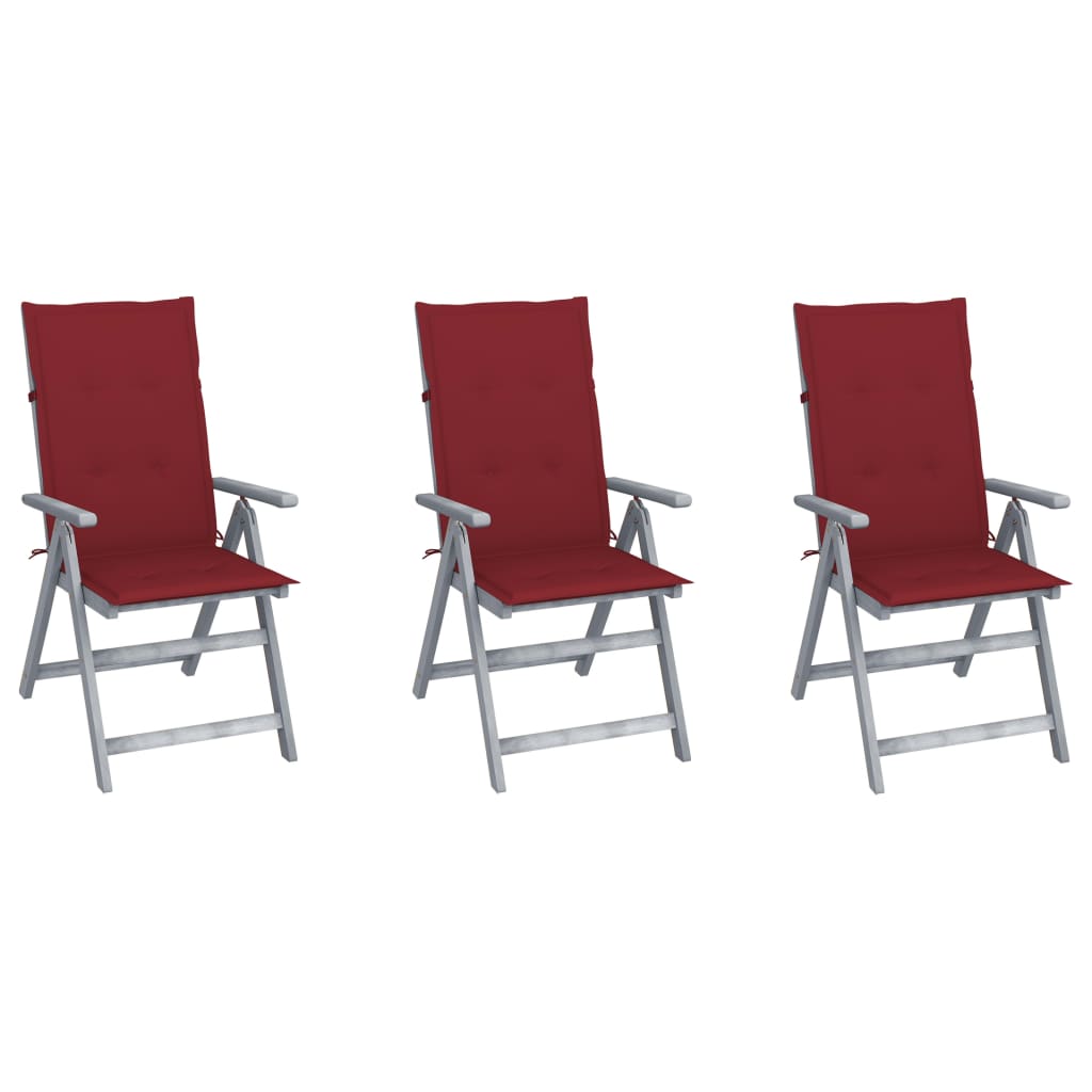 Set de 3 scaune Rabatabile/Pliabile de gradina, cu perne, vidaXL, Lemn de acacia, 56 x 70 x 110 cm, 4 cm, Gri/Grena