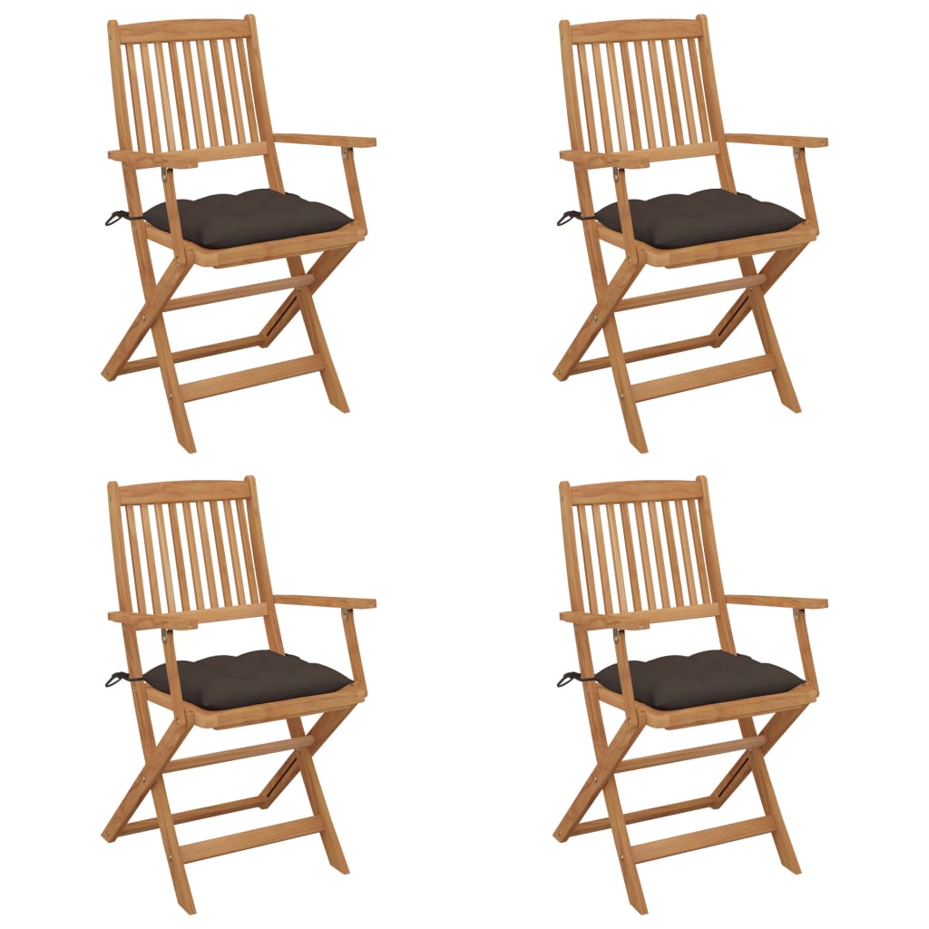 Set de 4 scaune pliabile de gradina, cu perne de sezut, cu brate, vidaXL, Lemn de acacia, 54 x 57 x 91 cm, 7 cm, Maro/Gri taupe